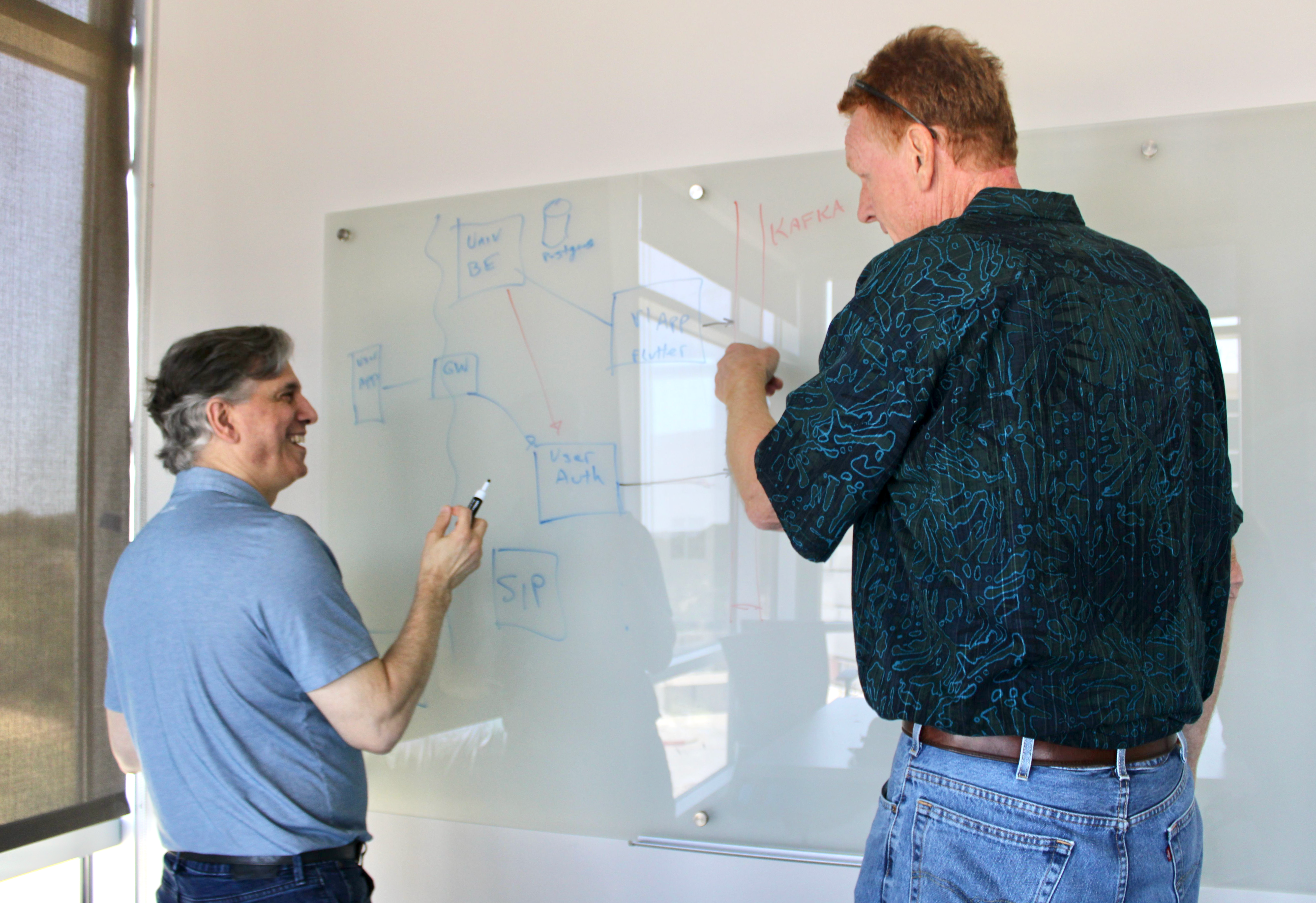 two men gathering requirements at a glass board